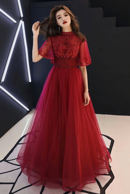 Burgundy Tulle Lace Mid Sleeve Long Prom Dress - Beaded Formal Gown