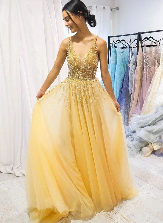 Yellow Tulle Sequins Beaded A-Line Prom Dress - Long Party Gown