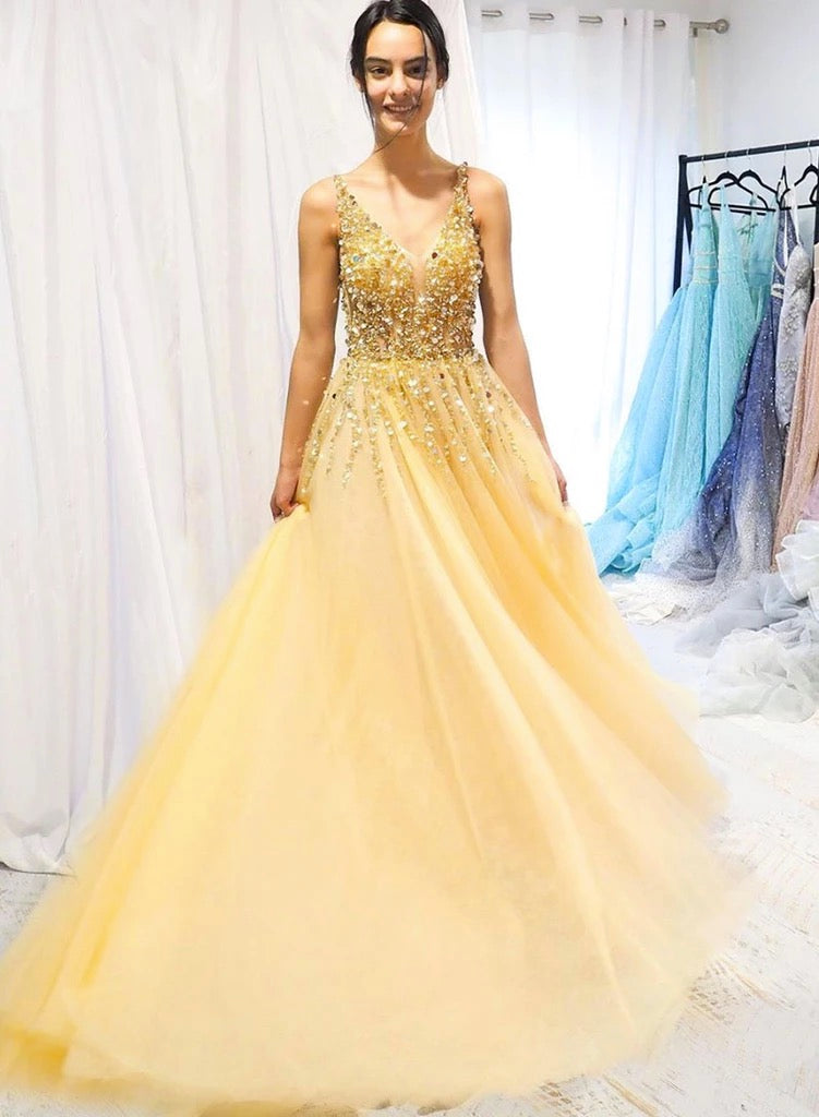 Yellow Tulle Sequins Beaded A-Line Prom Dress - Long Party Gown