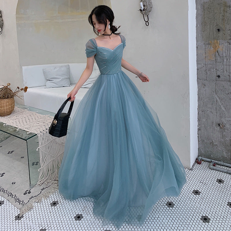 Blue Tulle Long Prom Dress - A-Line Evening Party Gown