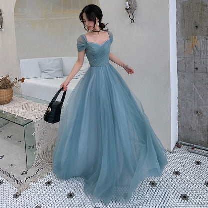 Blue Tulle Long Prom Dress - A-Line Evening Party Gown