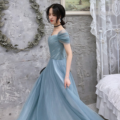 Blue Tulle Long Prom Dress - A-Line Evening Party Gown