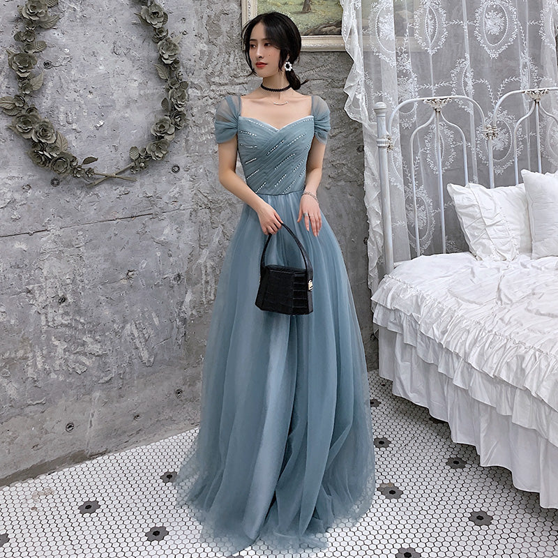 Blue Tulle Long Prom Dress - A-Line Evening Party Gown