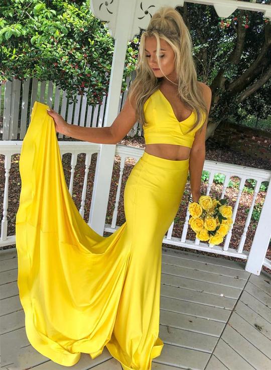 Yellow Satin Two Piece Prom Dress - Long Train Evening Gown Set