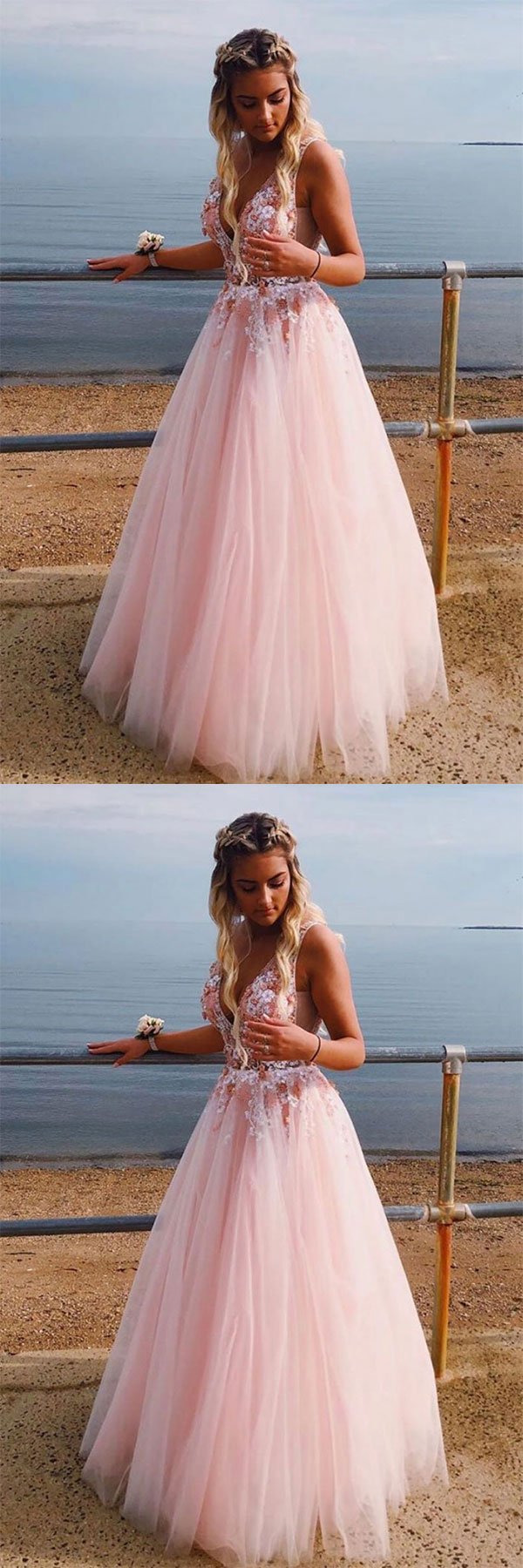 Pink v neck tulle lace long prom dress, pink tulle evening dress