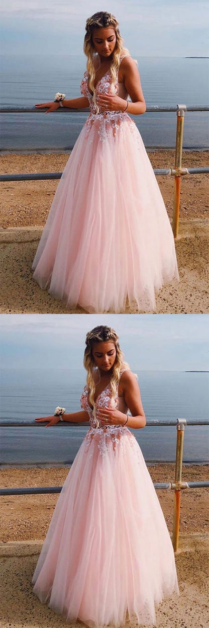 Pink v neck tulle lace long prom dress, pink tulle evening dress