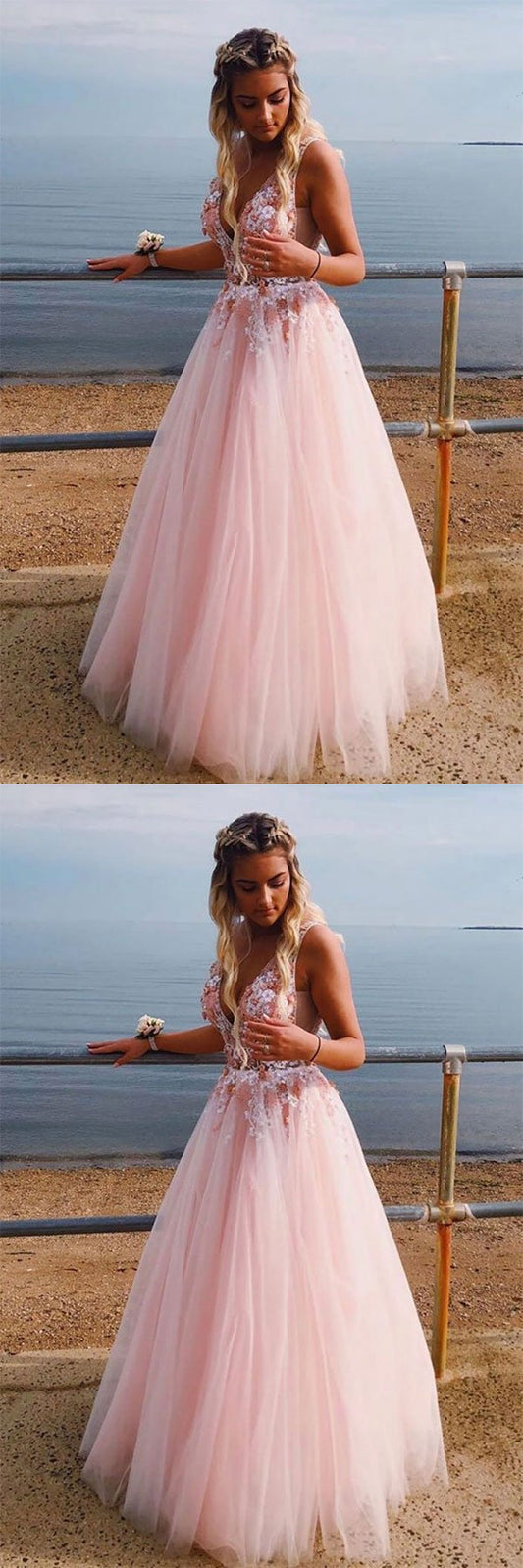 Pink v neck tulle lace long prom dress, pink tulle evening dress
