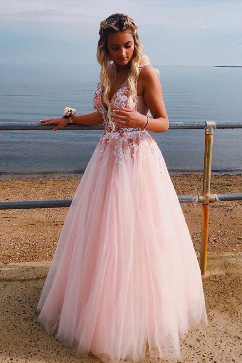 Pink v neck tulle lace long prom dress, pink tulle evening dress