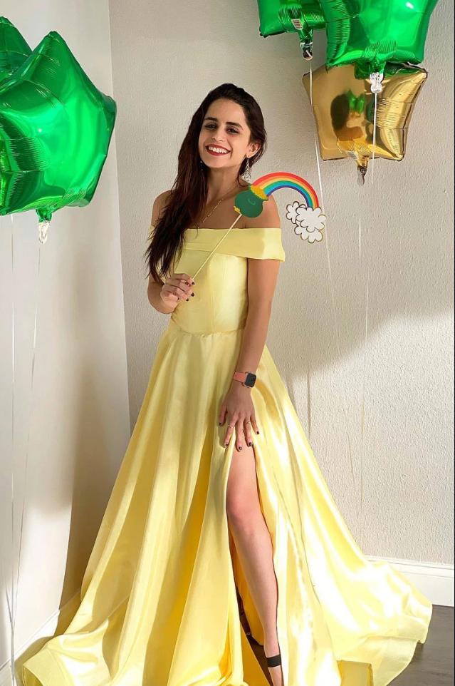 Yellow satin long prom dress, yellow evening dress