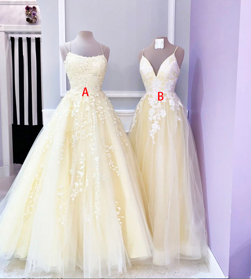 Yellow lace tulle long prom dress
