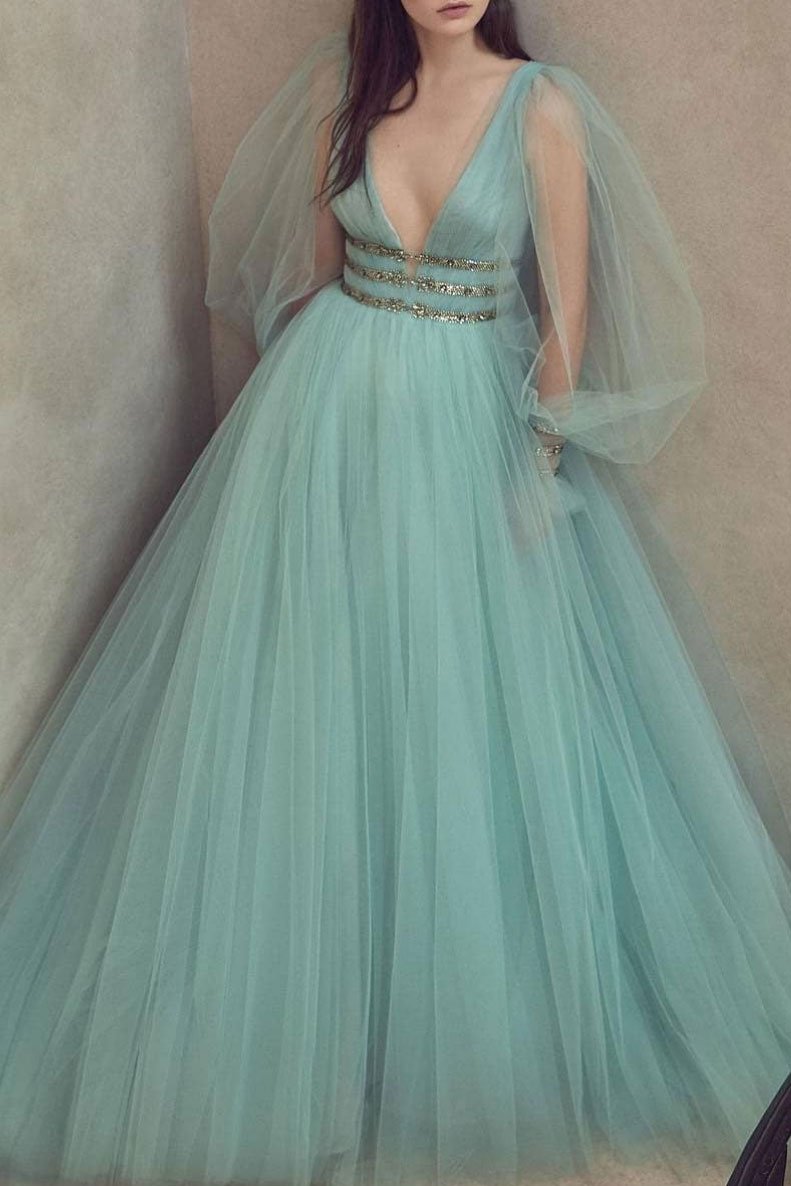 Green Tulle Puffy Sleeve V-Neck Sequins Prom Dress - Formal Evening Gown