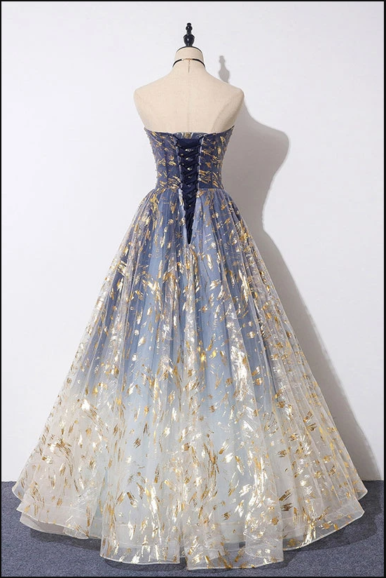 Blue Ombre Tulle Long Prom Dress - Strapless A-Line Evening Gown