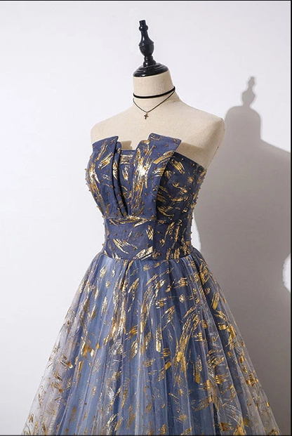 Blue Ombre Tulle Long Prom Dress - Strapless A-Line Evening Gown