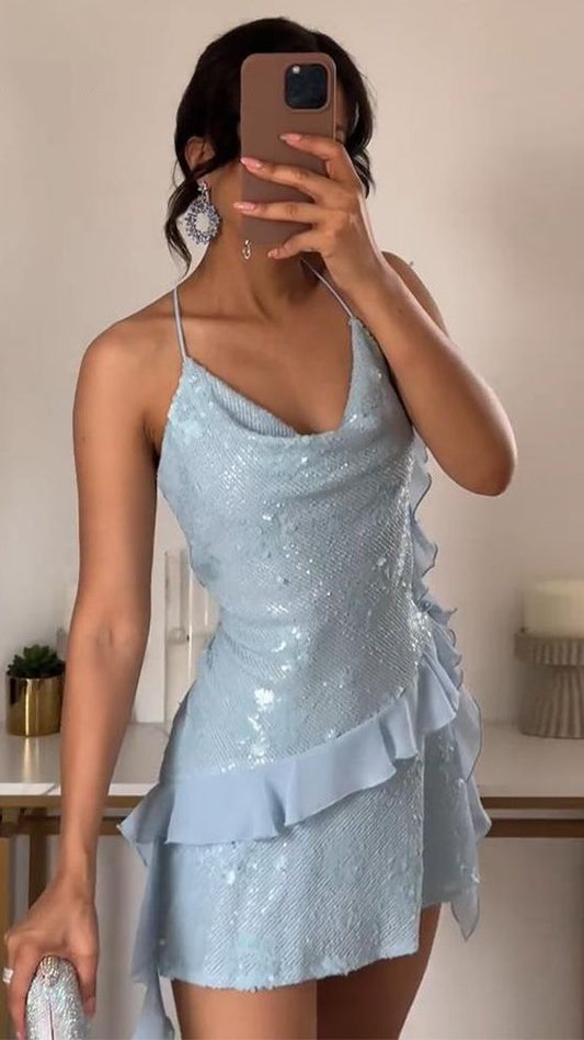 Baby Blue Halter Sequined Homecoming Dress Ruffle V-neck Mini Party Dresses,AST1867