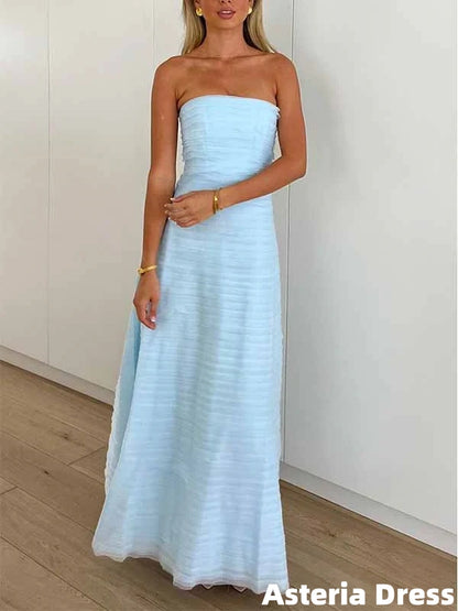 Baby Blue Strapless Pleated Sleeveless Long Prom Dresses