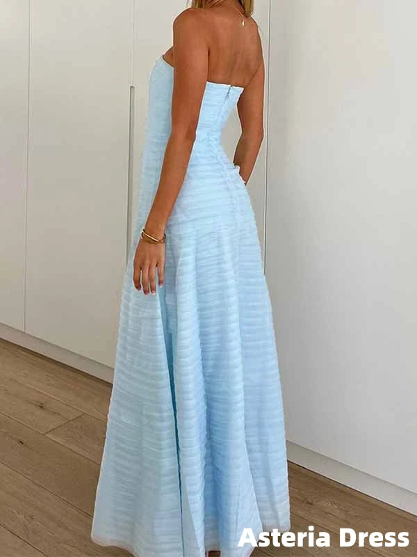 Baby Blue Strapless Pleated Sleeveless Long Prom Dresses