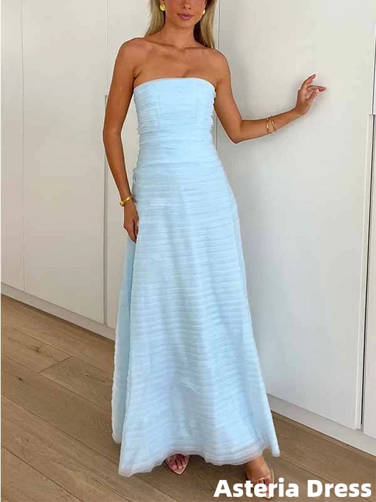 Baby Blue Strapless Pleated Sleeveless Long Prom Dresses