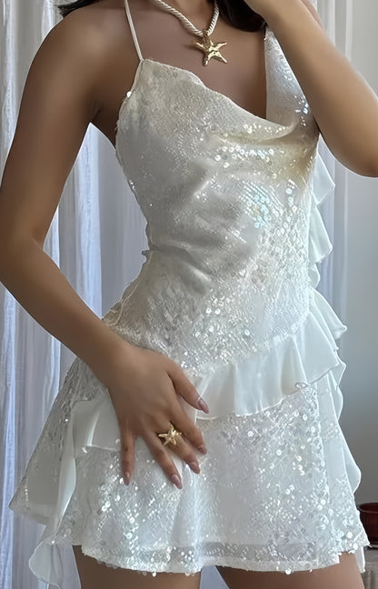 Baby Blue Halter Sequined Homecoming Dress Ruffle V-neck Mini Party Dresses,AST1867