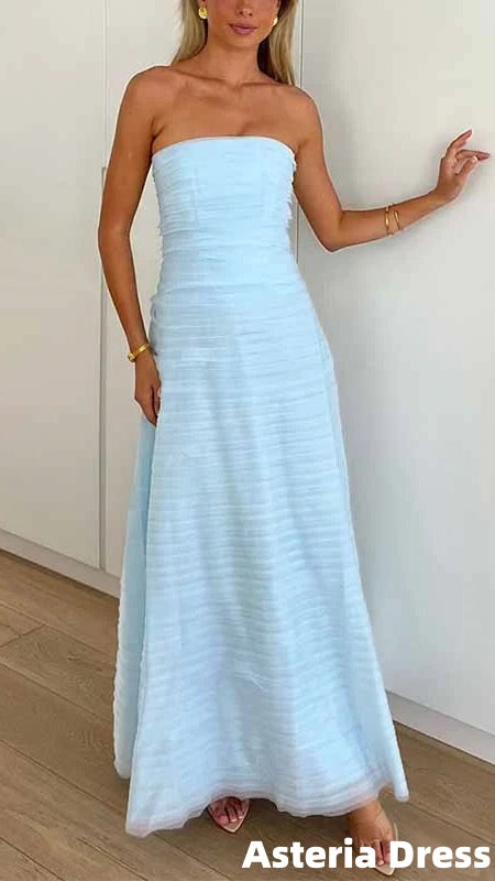Baby Blue Strapless Pleated Sleeveless Long Prom Dresses