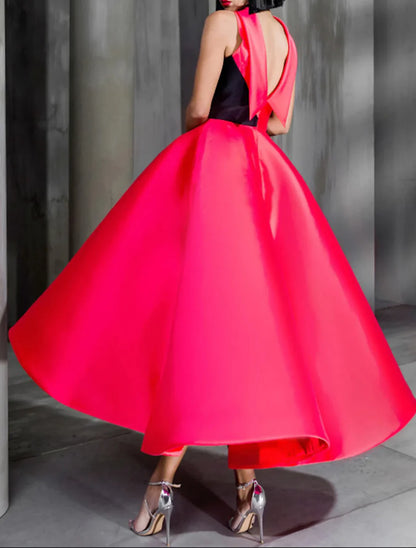 Ball Gown Color Block Celebrity Style Elegant Prom Formal Evening Birthday Dress Christmas Red Green Dress High Neck Sleeveless Ankle Length Satin with Bow, AST1740
