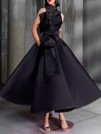 Ball Gown Color Block Celebrity Style Elegant Prom Formal Evening Birthday Dress Christmas Red Green Dress High Neck Sleeveless Ankle Length Satin with Bow, AST1740