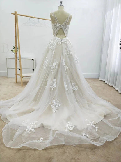 Beach Wedding Dress Ivory Tulle Appliques Wedding Dresses A-Line Bridal Gown,AST969