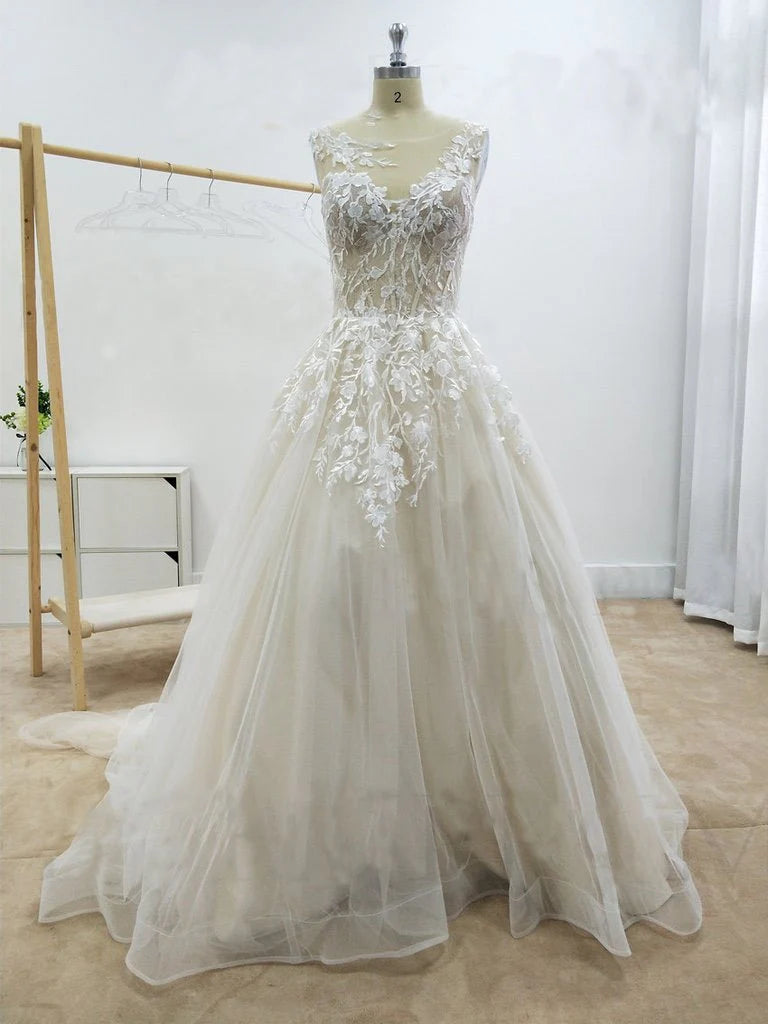 Beach Wedding Dress Ivory Tulle Appliques Wedding Dresses A-Line Bridal Gown,AST969