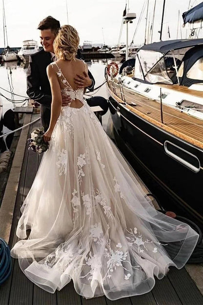 Beach Wedding Dress Ivory Tulle Appliques Wedding Dresses A-Line Bridal Gown,AST969