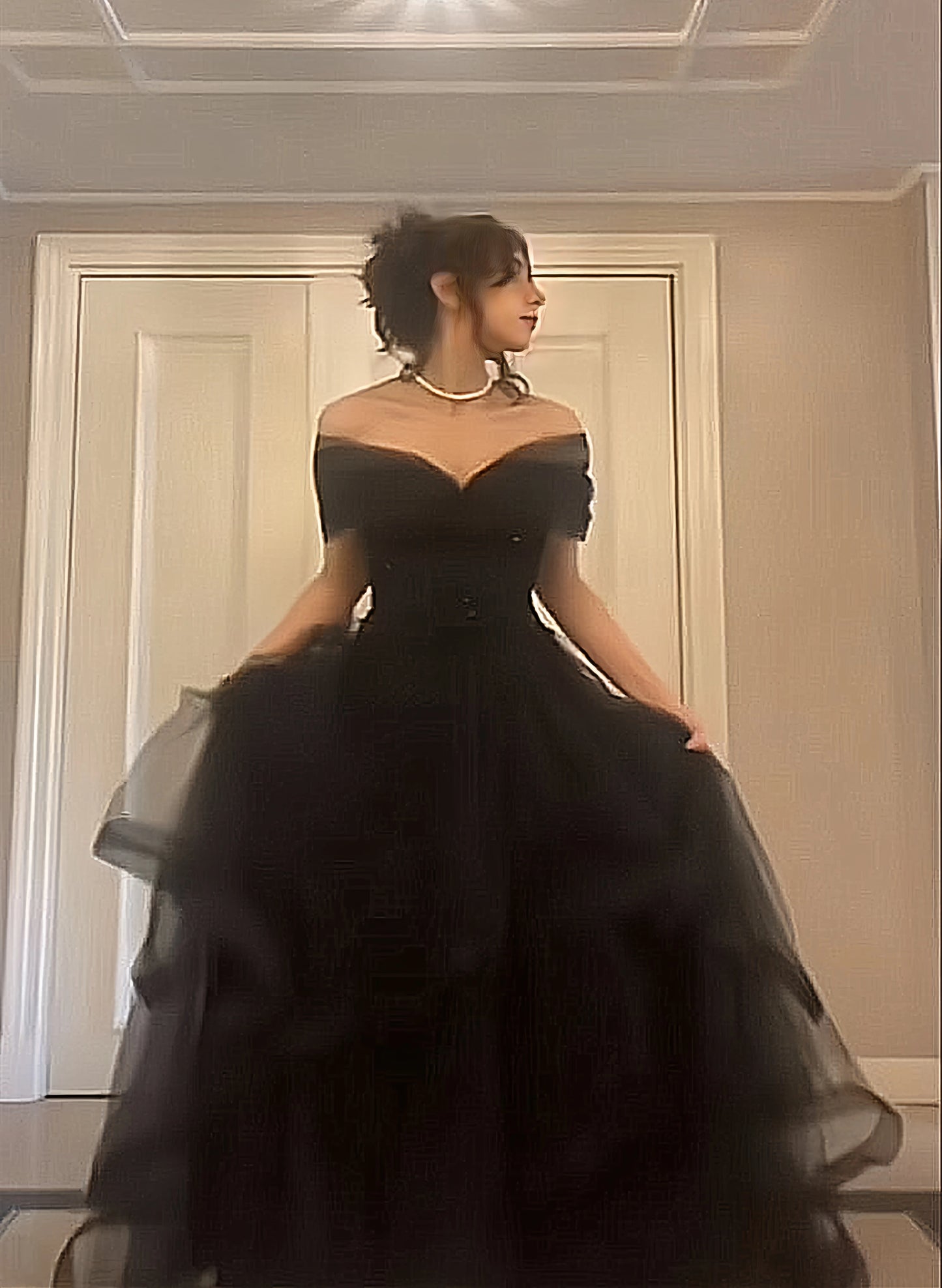 Black A-line Tulle Prom Dresses Off The Shoulder Evening Party Dress,AST2249