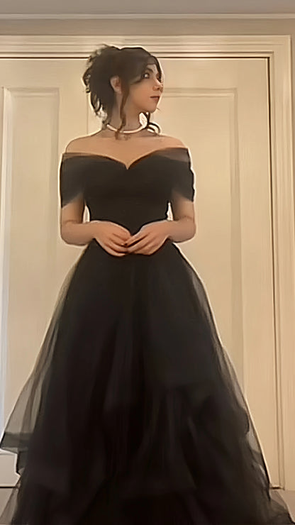 Black A-line Tulle Prom Dresses Off The Shoulder Evening Party Dress,AST2249