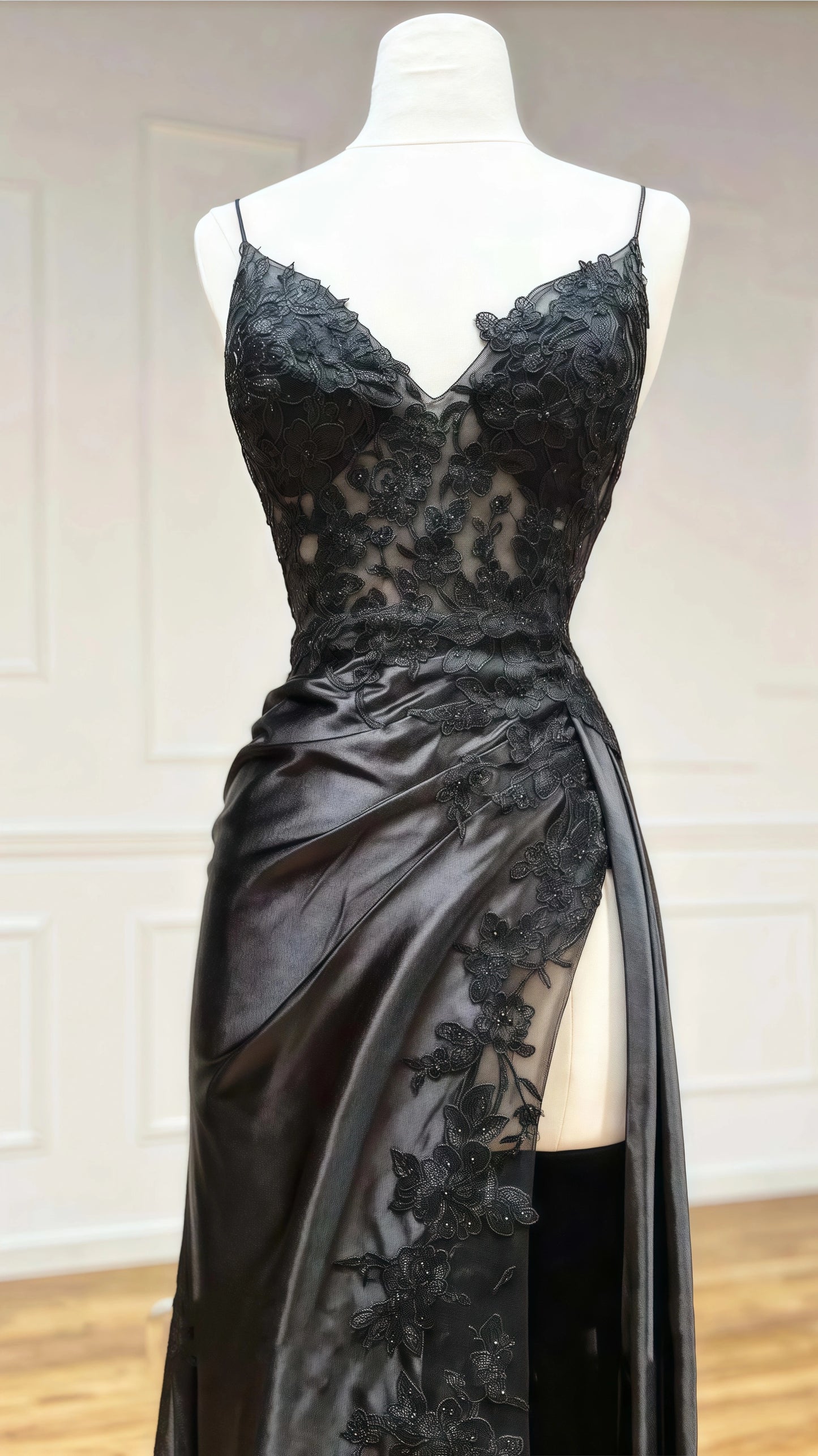 Black Applique Satin Lace Prom Dress With Lace Up Back,AST1616