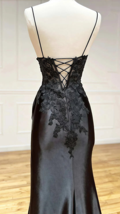 Black Applique Satin Lace Prom Dress With Lace Up Back,AST1616