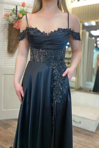 Black Appliques Off The Shoulder A-Line Prom Dress,AST938