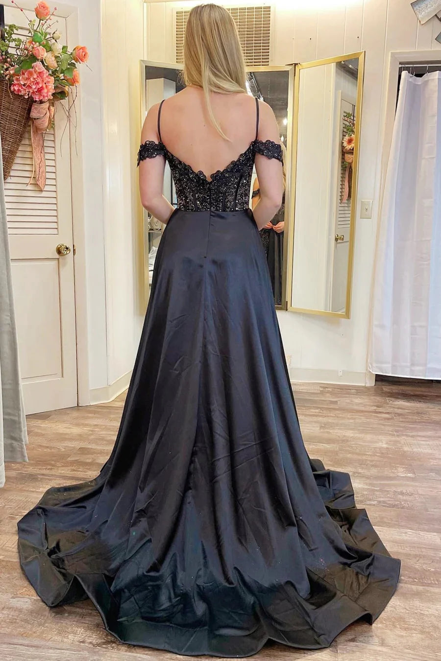 Black Appliques Off The Shoulder A-Line Prom Dress,AST938