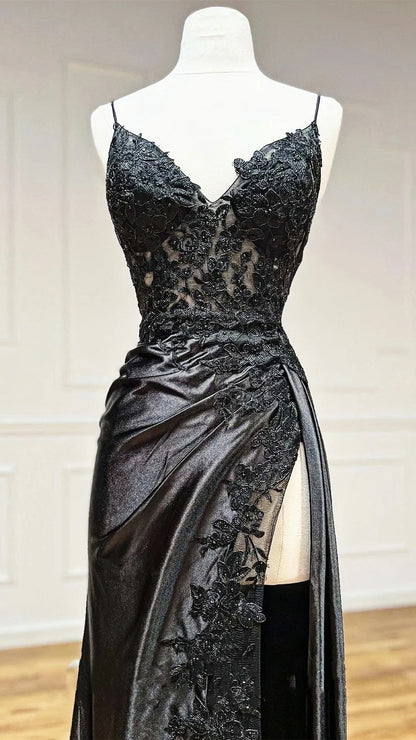 Black Appliques Split Prom Dress, Spaghetti Straps Fall Ball Gown, AST1581