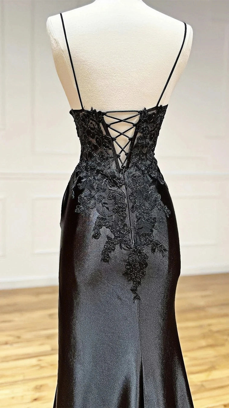 Black Appliques Split Prom Dress, Spaghetti Straps Fall Ball Gown, AST1581