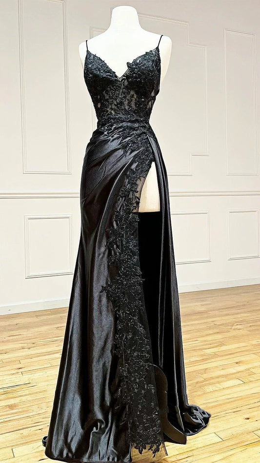 Black Appliques Split Prom Dress, Spaghetti Straps Fall Ball Gown, AST1581