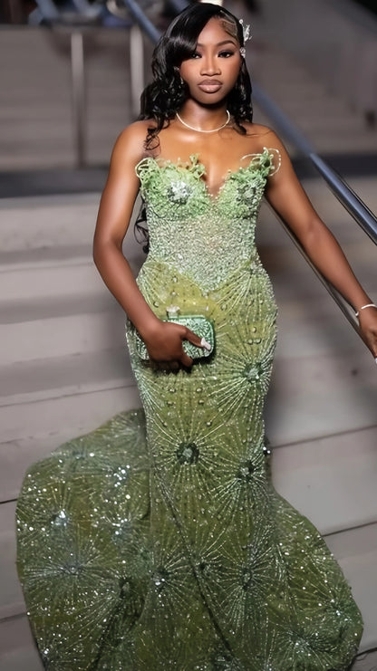 Black Girls Mermaid Prom Dresses Green Sweetheart Evening Party Dress,AST2243