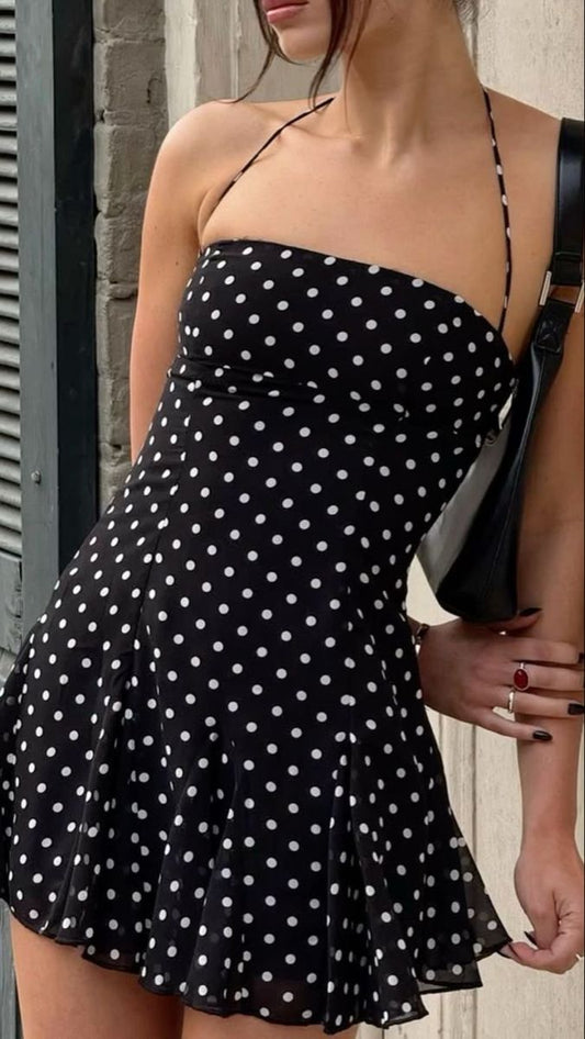 Black Halter Chiffon Mini Homecoming Dresses Dots Cheap Hoco Dress,AST1875