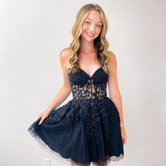 Black Lace Applique Beaded Homecoming Dress, AST1382