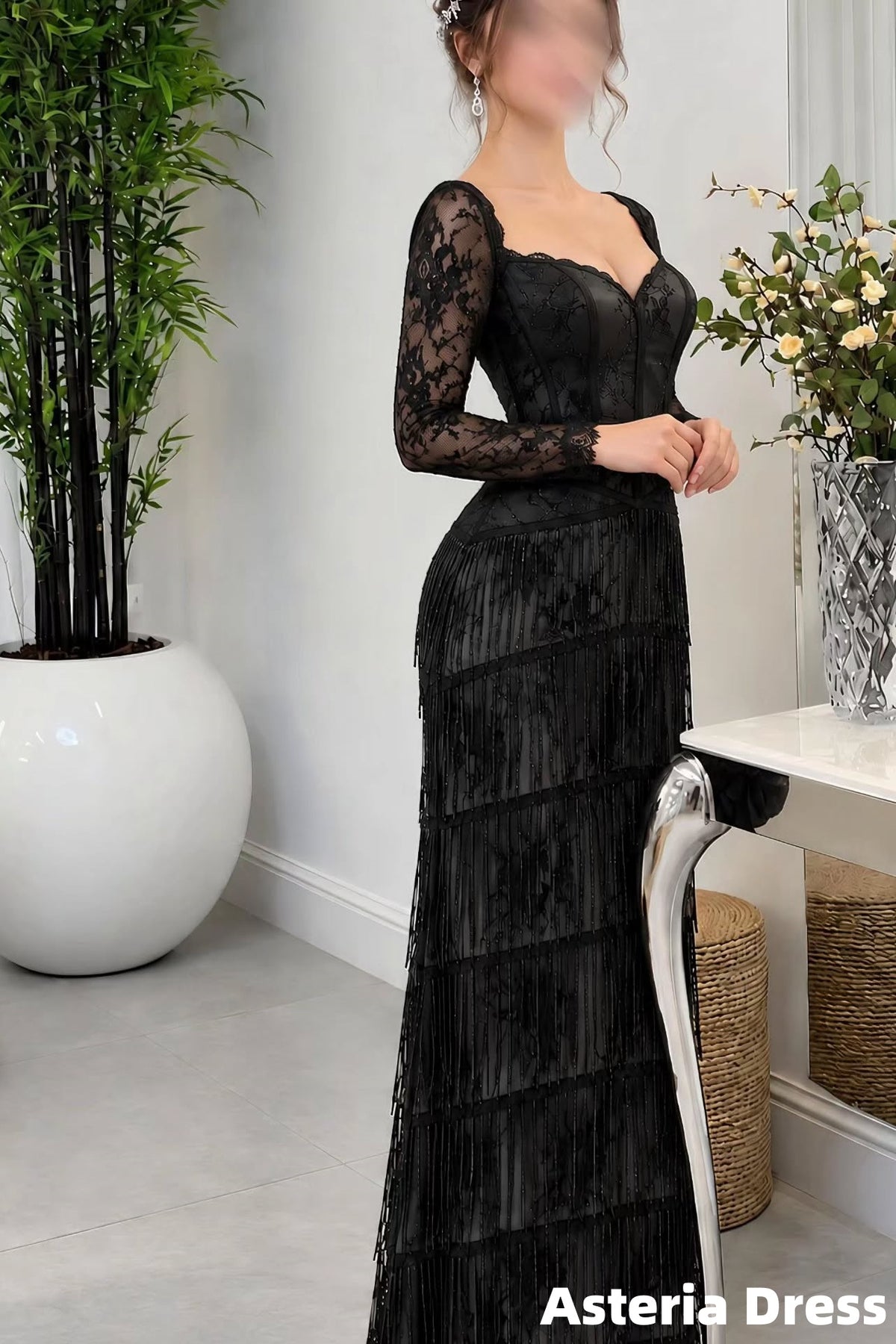 Black Lace Sheath Tassels Evening Party Dresses