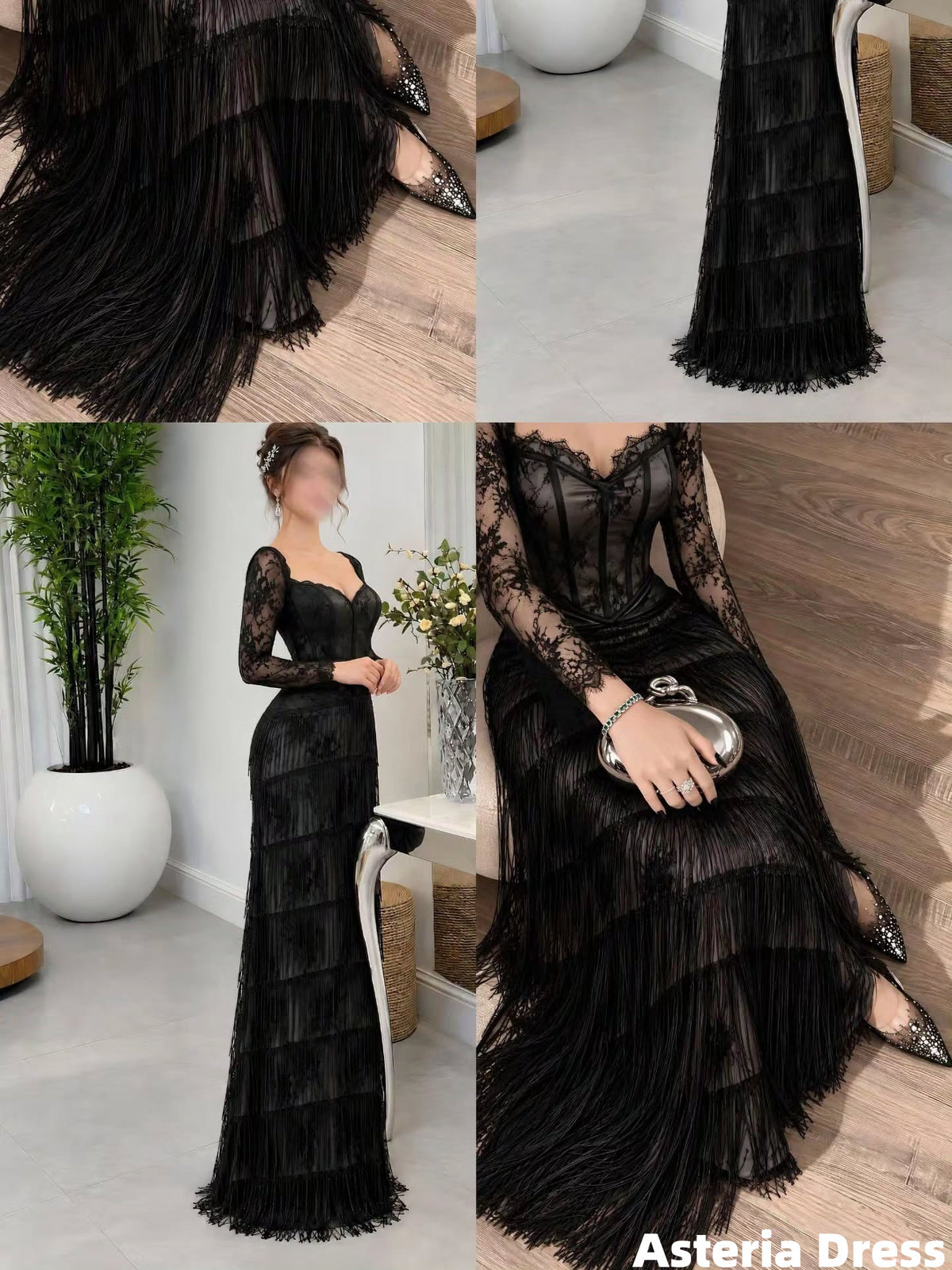 Black Lace Sheath Tassels Evening Party Dresses