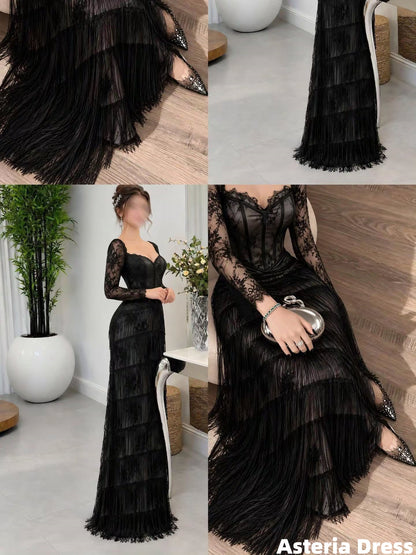 Black Lace Sheath Tassels Evening Party Dresses