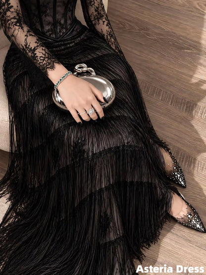 Black Lace Sheath Tassels Evening Party Dresses