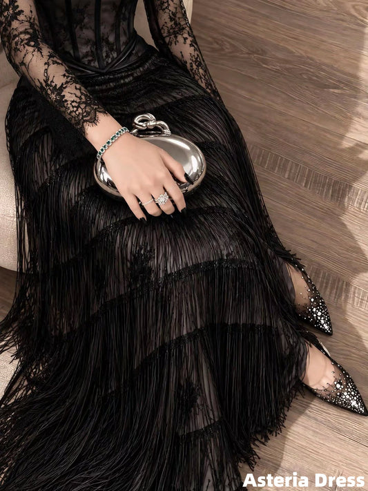 Black Lace Sheath Tassels Evening Party Dresses