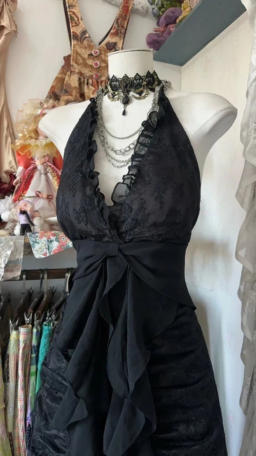 Black Mermaid Halter Lace Prom Dresses Ruffle Party Dress,AST2134