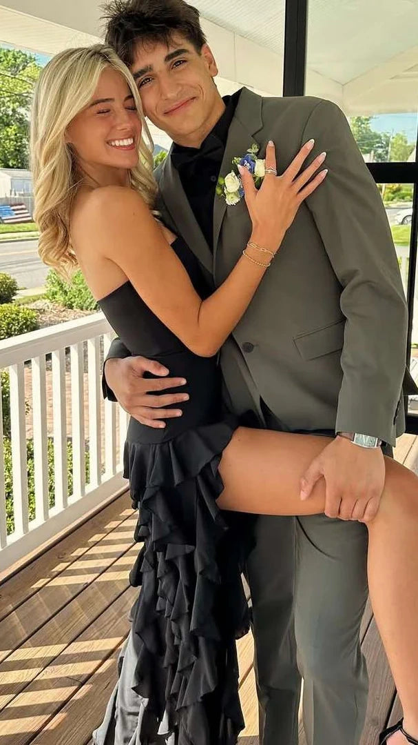 Black Strapless Ruffle Prom Dresses Long Slit Party Evening Dress,AST2198