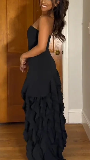 Black Strapless Ruffle Prom Dresses Long Slit Party Evening Dress,AST2198