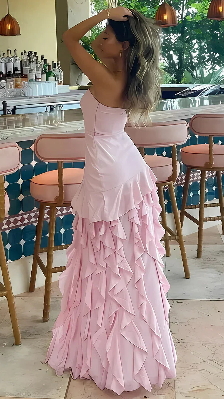 Black Strapless Ruffle Prom Dresses Long Slit Party Evening Dress,AST2198