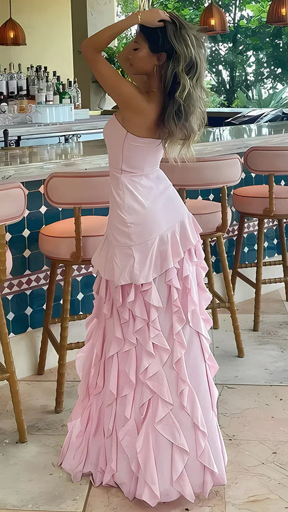 Black Strapless Ruffle Prom Dresses Long Slit Party Evening Dress,AST2198